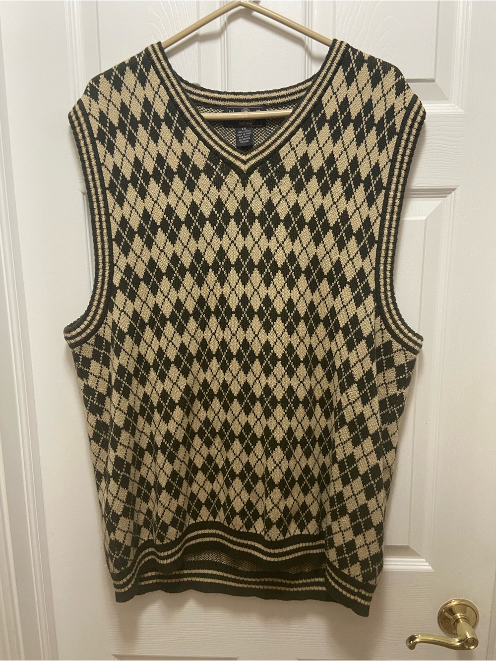 Vintage J Riggings Argyle V-Neck Knit Sweater Vest - Dark Green/Cream 2XL
